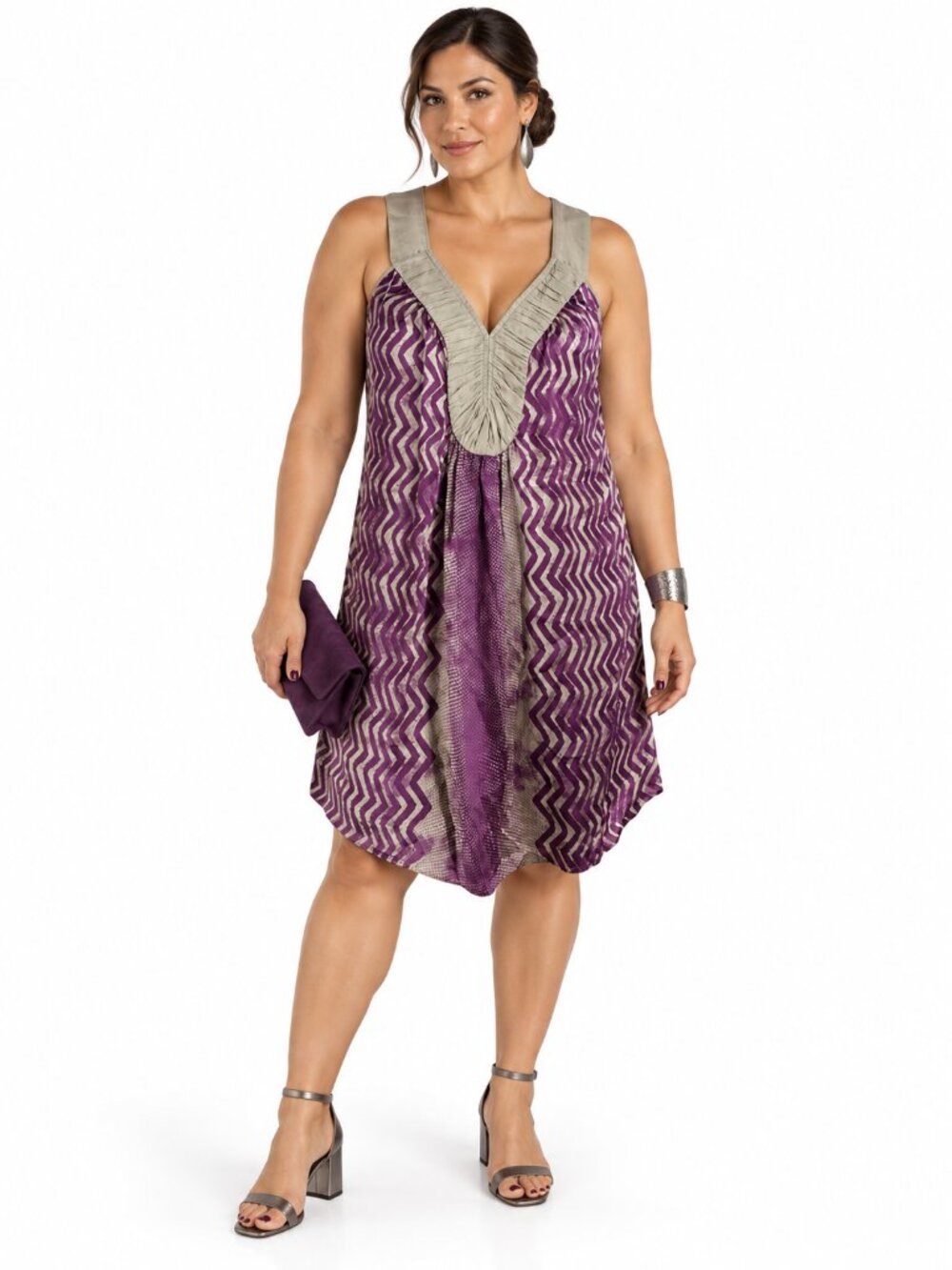 Banana Republic Silk Geometric Zig Zag A-line Dress Purple Mod Cocktail Size XL
